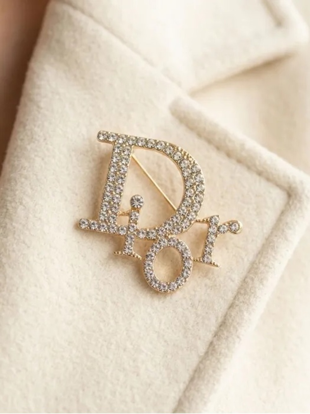 Gold Crystal 'Dior' Style Letter Pin Brooch - Gold/Clear